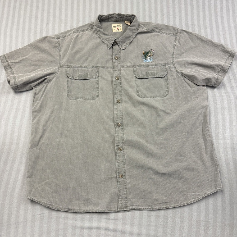 RedHead Shirt Mens 3xl Bass Fish Embroidered Button Short Sleeve Gray